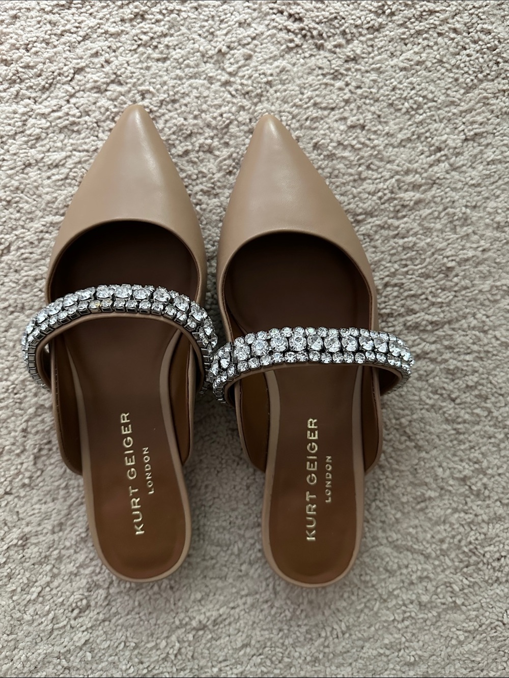 Kurt Geiger Beige Pointed Toe Mules with Crystal Strap